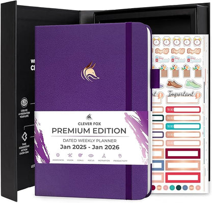 Clever Fox Dated Planner Premium Edition – 2025-2026 Weekly Planner for Planning, Goal Setting & Time Management – Planner Notebook with Habit Tracker & to-do List – A5 Size (Purple)