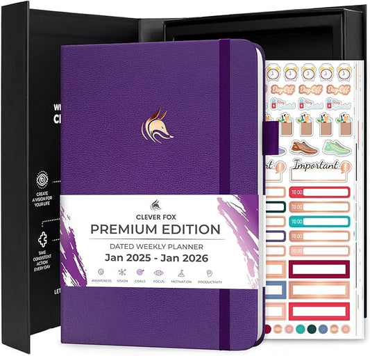Clever Fox Dated Planner Premium Edition – 2025-2026 Weekly Planner for Planning, Goal Setting & Time Management – Planner Notebook with Habit Tracker & to-do List – A5 Size (Purple)