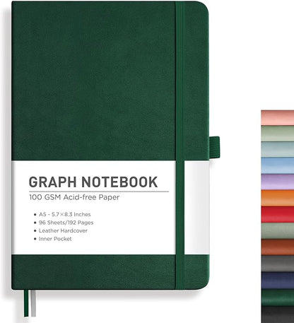 RETTACY Graph Paper Notebook, A5 Grid Notebook Journal with 192 Pages, 5.7'' × 8.3'', Medium Size, Leather Hardcover, 100 GSM Thick Paper, for Students, Homework, Math, Engineering (Dark Green)