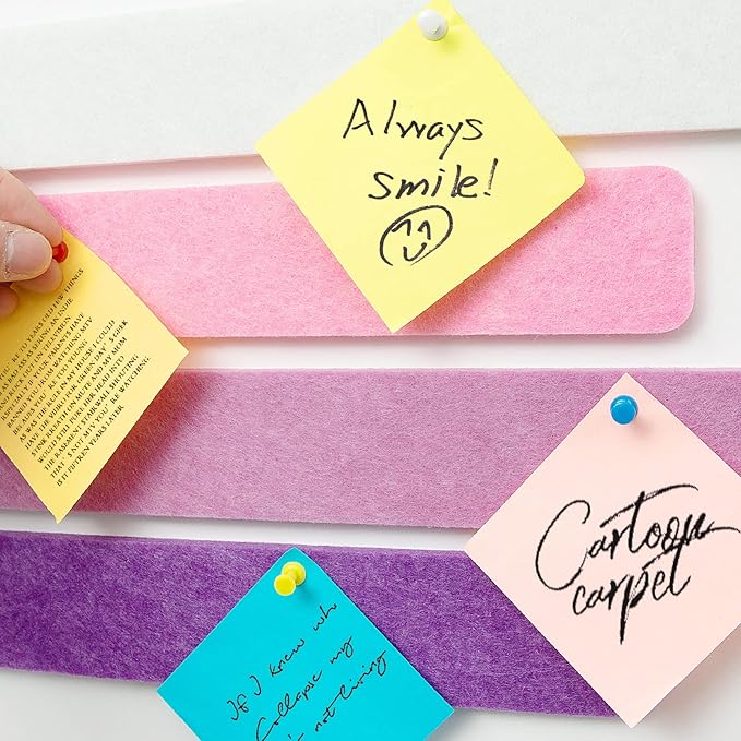 Felt Pin Board Bar Strips Bulletin Board for Bedrooms Offices Home Wall Decoration, Notice Board Self Adhesive Cork Board with 35 Push Pins for Paste Notes, Photos, Schedules (Multi- Purple)