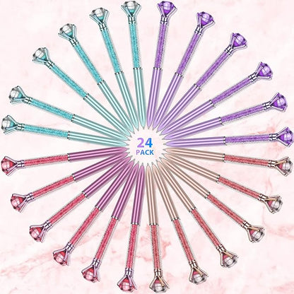 24 Pieces Big Crystal Diamond Pens Bling Ballpoint Pen Black Ink Rhinestones Pen for School Office Supplies Christmas Wedding Birthday Present, 4 Colors(Glitter Style)