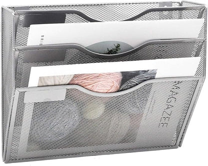 EASEPRES 3 Pocket Mesh Hanging Wall File Organizer, Wall Mounted Mail Paper Document Folder Holder, Clipboard Storage Organization Magazine Rack with Nametag Label for Office Home School, Silver