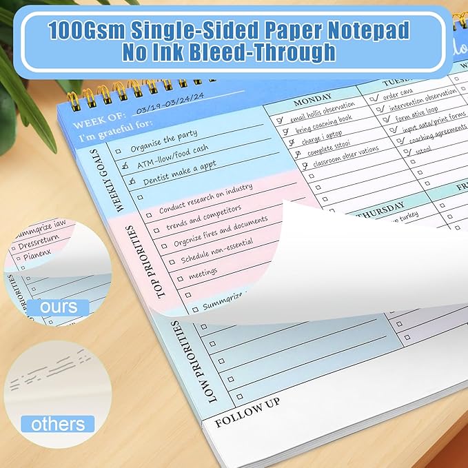 2 Packs Weekly To Do List Notepad - Weekly Planner Notepad, Undated Weekly Desk Planner with To Do List Notebook for Work, 52 Pages Spiral Bound Notepad with Checklist, 8.5"×11"
