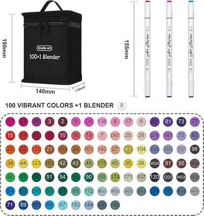 Shuttle Art 101 Colors Dual Tip Alcohol Based Art Markers,100 Colors plus 1 Blender Permanent Marker Pens Highlighters with Case Perfect for Illustration Adult Coloring Sketching and Card Making