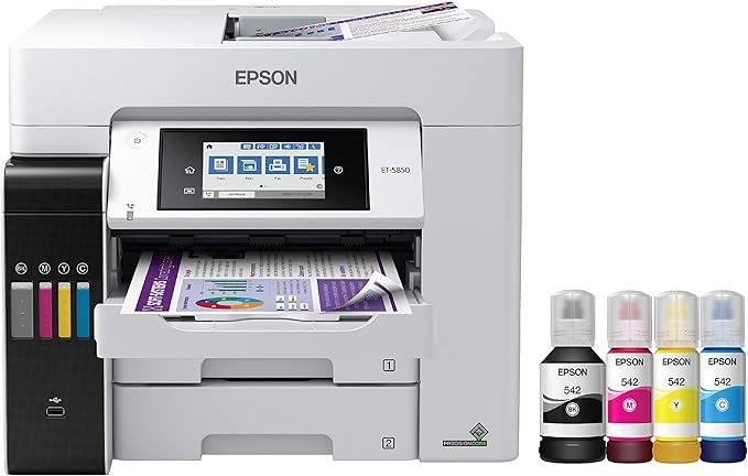 Epson EcoTank Pro ET-5850 Wireless Color All-in-One Supertank Printer, White & T522 EcoTank Ink Ultra-high Capacity Bottle Color Combo Pack (T522520-S)