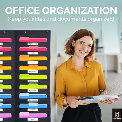 Hippo Creation Heavy Duty Storage Pocket Chart for Classroom, 20 Pocket Storage Organizer with 4 Over-Door Hangers, Hanging Wall Organizer for File Folders, School Mailbox, Home Office Papers - Black