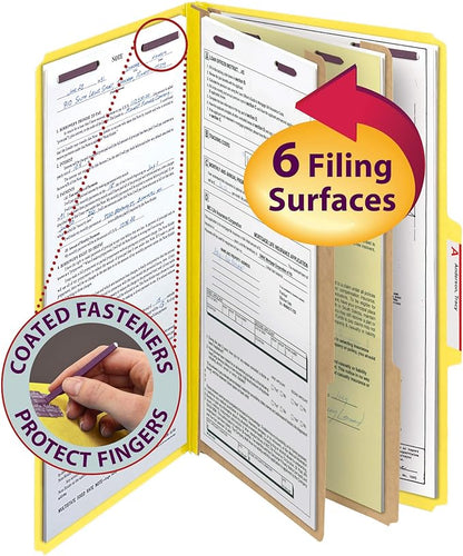 Smead Pressboard Classification File Folder with SafeSHIELD Fasteners, 2 Dividers, 2" Expansion, Legal Size, Yellow, 10 per Box (19034)