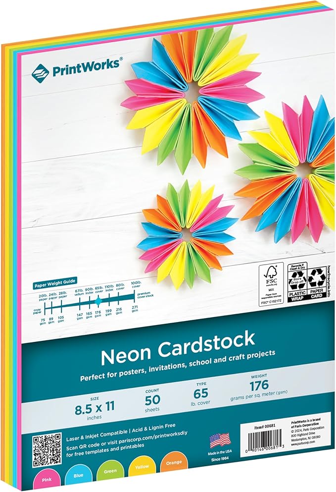 Printworks Neon Cardstock, 65 lb, 5 Assorted Florescent Colors, FSC Certified, 50 Sheets, 8.5” x 11” (00681), Single
