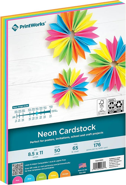 Printworks Neon Cardstock, 65 lb, 5 Assorted Florescent Colors, FSC Certified, 50 Sheets, 8.5” x 11” (00681), Single