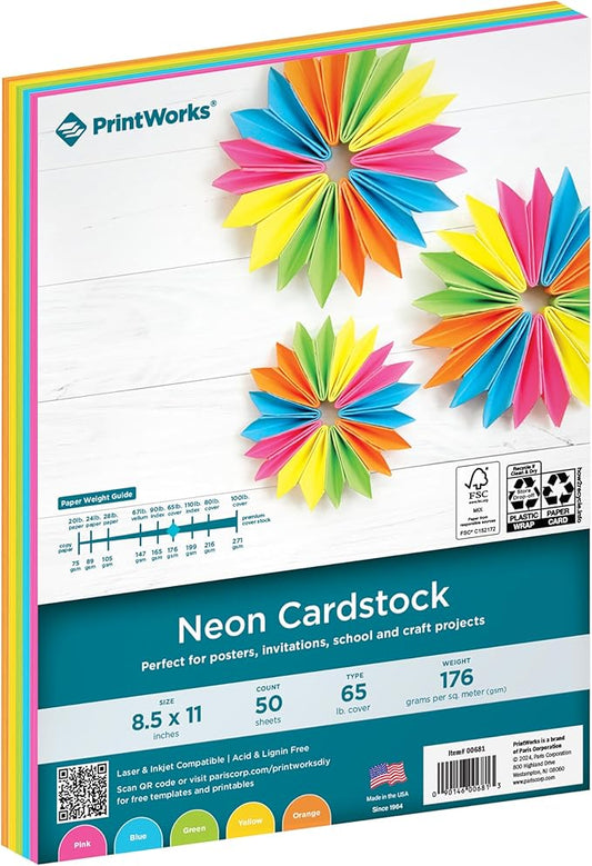 Printworks Neon Cardstock, 65 lb, 5 Assorted Florescent Colors, FSC Certified, 50 Sheets, 8.5” x 11” (00681), Single