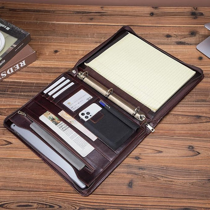 Genuine Leather Portfolio with 3 Ring Binder, Full Grain Leather Padfolio Zippered, A4 Notebook Holder Laptop Sleeve Professional Folder Organizer Gift for Men and Women, Dark Brown, Oil Tanned