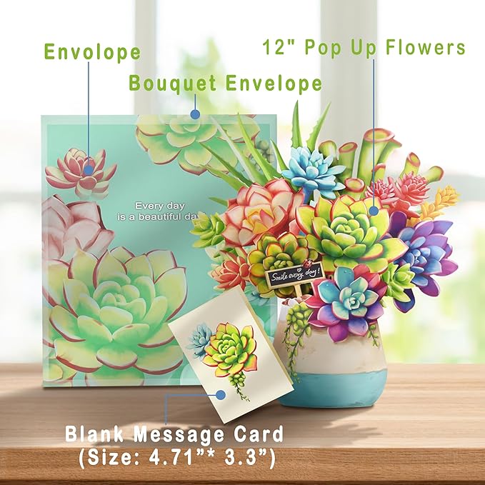 Pop Up Flowers Cards, Paper Flowers Bouquet 3D Popup Greeting Cards with Blank Note Card and Envelope for Birthday, Easter Cards, Anniversary, for Women Lover,12'' Succulent Planters