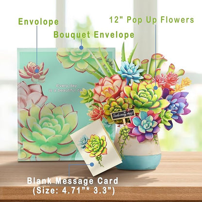 Pop Up Flowers Cards, Paper Flowers Bouquet 3D Popup Greeting Cards with Blank Note Card and Envelope for Birthday, Easter Cards, Anniversary, for Women Lover,12'' Succulent Planters