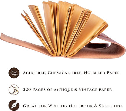 LEATHER VILLAGE Leather Bound Journal - Rustic Brown, 7"X5", 220 Pages - Vintage Blank Paper Diary for Writing, Drawing, Sketchbook, and Travel Notebook - Ideal for Women and Men