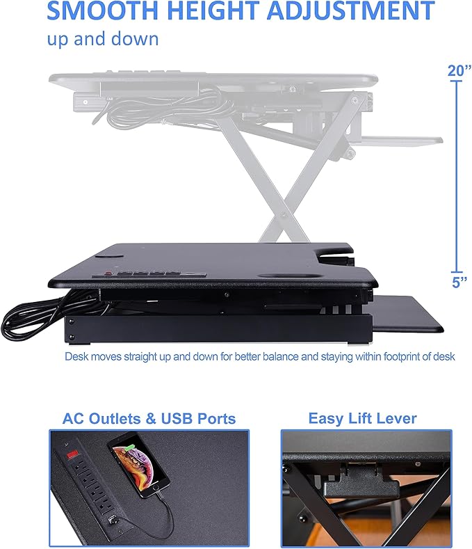 Rocelco 46" Standing Desk Converter with AC USB Charger and Dual Monitor Stand - Height Adjustable Three Screen Riser Computer Workstation - Sliding Keyboard Tray - Black (R DADRB-46-ACUSB-DM3)