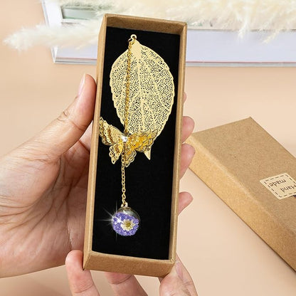 Golden Leaf Metal 3D Bookmark with Bonus Handmade Greeting Card, Butterfly & Rose Flower Craft Gift Card Envelope, Gift for Book Lovers, Family, Friends, Teacher & Kids Chongzhen