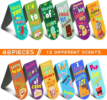 48 Pack Scented Bookmarks Magnetic Scratch and Sniff Bookmarks Fruit Food Bookmarks for Kids Cute Bookmarks with Sayings Christmas Bookmarks for Kids Students Teens Teachers (Food Flavor)