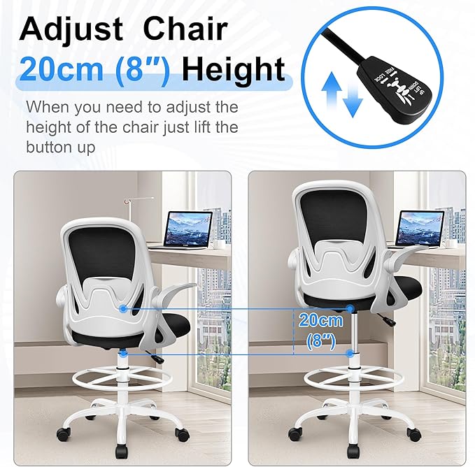 Drafting Chair Tall Office Chair with Flip-up Armrests, Adjustable Height, and Enhanced Lumbar Support - Ergonomic Rolling Stool, Back Support, and Adjustable Foot Rest Ring for Standing Desk White