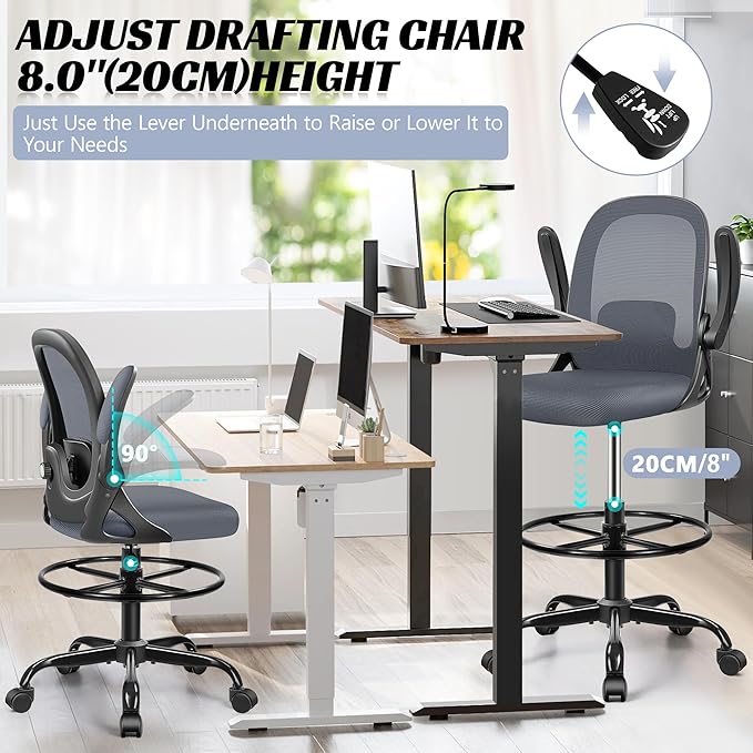 Drafting Chair, Tall Office Chair Ergonomic Standing Desk Chair,with Adjustable Footrest Ring, 3D Lumbar Support, Flip-up Armrests, Swivel Desk Stool for Drawing Working (Dark Gray)