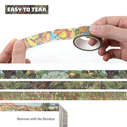 Lychii Washi Tape Set, 12 Rolls Gold Foil Van Gogh Oil Painting Patterns 5M/16.4Ft Long Decorative Masking Tapes for Planners, Calendar, Scrapbook, Journal - 15 mm