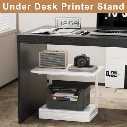 2-Tier Desktop Printer Stand with Fabric Drawer, Prtiner Table with Storage Shelf, Desk Organizer for Home Office,3D Printer,Fax Machine,Scanner, 19.6"x14.9" White