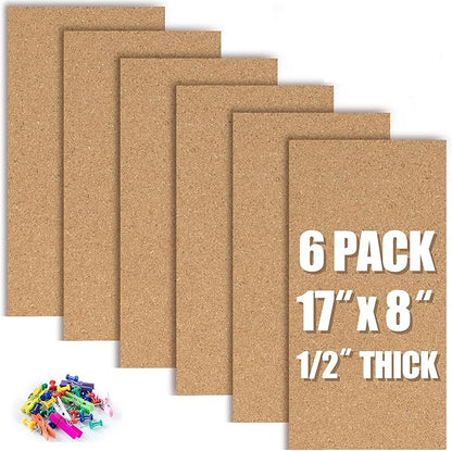 AKTOP Cork Board Bulletin Board 17"x8", 1/2" Thick Cork Board Tiles 6 Pack, Small Pin Board for Wall Decor, Self Adhesive Corkboards with 60 Push Pin Wood Clips for School, Home & Office