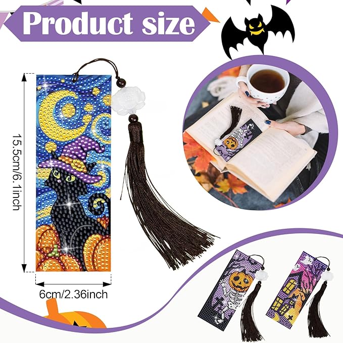 Anseal Halloween Diamond Painting Bookmarks for Book Lovers, Rhinestone PU Leather Diamond Art Bookmark for Women Girls, Tassel Beaded Book Mark for Graduation Birthday Reading Present (Halloween)
