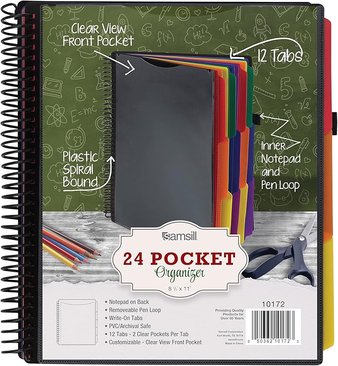 Samsill Deluxe 24 Pocket Spiral Project Organizer with Refillable Notepad Holder, Customizable Front Cover, 12 Dividers with Erasable Write-On Tabs in Assorted Colors, Plastic Folders with Pockets
