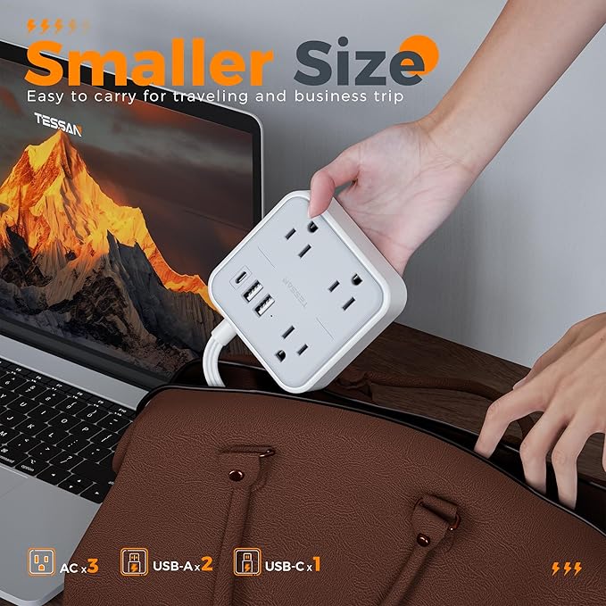 Ultra Thin Flat Extension Cord 5 FT, TESSAN Slim Power Strip with USB Ports (1 USB C), Surge Protector Flat Plug Wall Charger with 3 Outlets for Office, School, Dorm Room Essentials