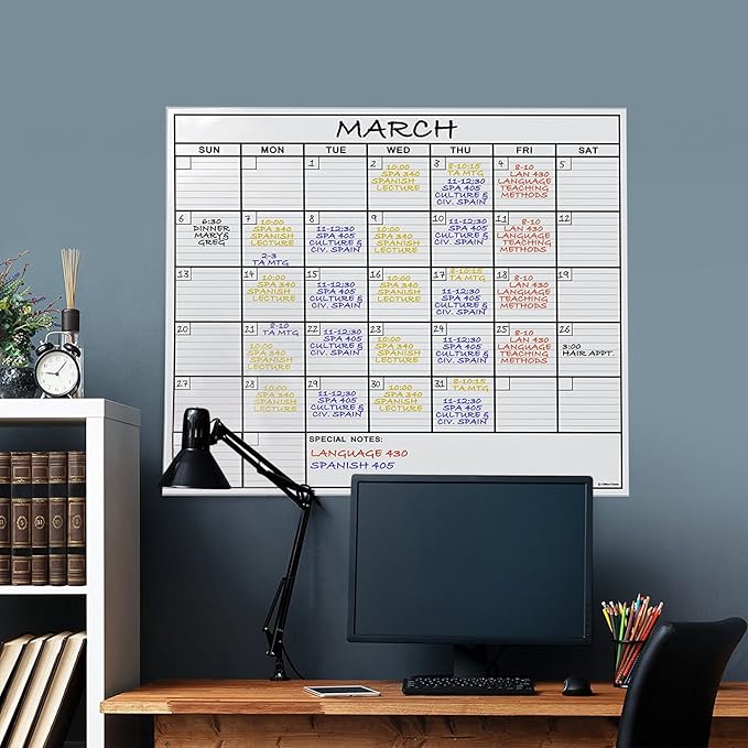 Dry Erase Laminated Jumbo Wall Calendar, Huge 24-inch by36-Inch Size, Monthly Planner for Home Office, Classroom, Large Date Boxes, Reusable Film, Never Folded, Includes 5 Markers, 8 Tacks. I Eraser