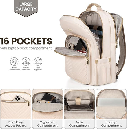 LOVEVOOK Laptop Backpack for Women 15.6 inch,Cute Womens Travel Backpack Purse,Professional Laptop Computer Bag,Waterproof Work Business College Teacher Bags Carry on Backpack with USB Port,Off-white