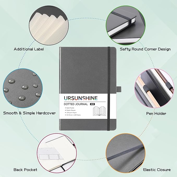 Dotted Journal/Notebook - Dot Grid Hard Cover Notebook, Premium Thick Paper with Fine Inner Pocket, Black Smooth Faux Leather, Pen Loop, 5.3'' x 8.26'' - Gray