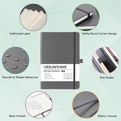 Dotted Journal/Notebook - Dot Grid Hard Cover Notebook, Premium Thick Paper with Fine Inner Pocket, Black Smooth Faux Leather, Pen Loop, 5.3'' x 8.26'' - Gray