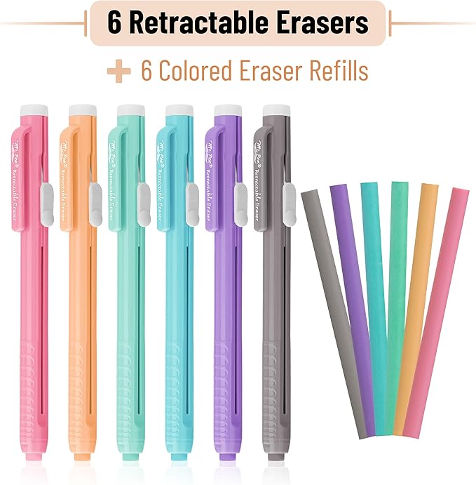 Mr. Pen- Retractable Mechanical Eraser Pen, Pack of 6, Pastel Colored Barrels with Colored Erasers, Pencil Eraser for Pencils, Retractable Eraser Pen, Eraser for Artists, Eraser for Pens