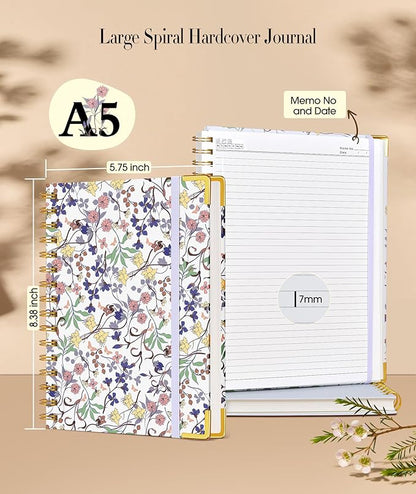 Cute Spiral Notebook Journal for Women, 160 Pages Lined Notebooks 5.75” x 8.38”, A5 Hardcover Spiral Journals with 100 GSM Thick Paper, College Ruled Notebook for Writing Work School, Purple Floral