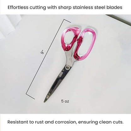 OfficeGoods 9” Stainless Steel Acrylic Scissors for Office and Home - Aesthetic and Sharp All Purpose Scissors, Perfect for Sewing, Arts and Crafts - Pink Silver Metal