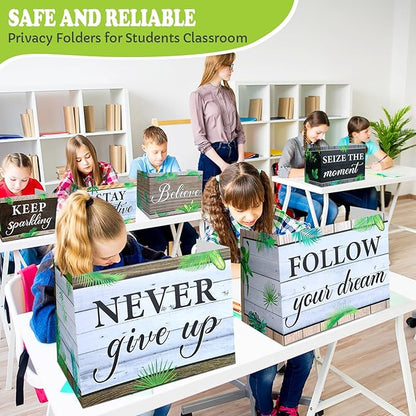 Honoson 24 Pcs Bulk Inspirational Privacy Folders for Students Cardboard Test Privacy Boards Motivational Words Desk Dividers Shield for Classroom School Study Supplies, 6 Styles(Leaves)