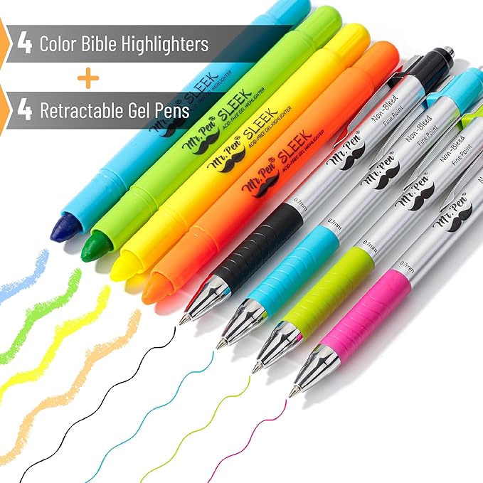 Mr. Pen- Bible Highlighters and Pens No Bleed, 8 Pack, Bible Journaling Kit, Bible Pens No Bleed Through, Gel Highlighters/Markers Bible Study Kit, Christian Gifts