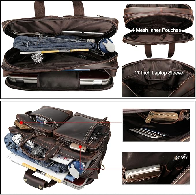 Leather Briefcase for Men Expandable Large 17 Inch Laptop Crossbody Shoulder Bag Business Travel Duffel Attache Case