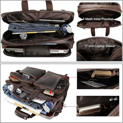 Leather Briefcase for Men Expandable Large 17 Inch Laptop Crossbody Shoulder Bag Business Travel Duffel Attache Case