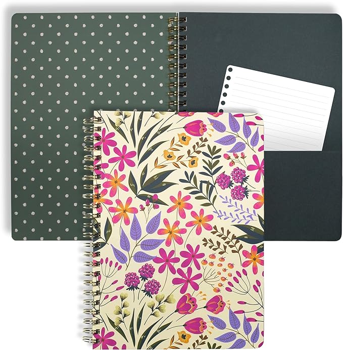 Steel Mill & Co Cute Pink/Purple Floral Mini Spiral Notebook, 8.25" x 6.25" Journal with Durable Hardcover and 160 Lined Pages, Wildflowers