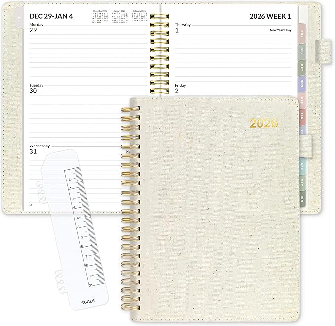 SUNEE 2026 Weekly & Monthly Planner 6.4"x8.5"- 12 Month (January 2026 - December 2026), Vegan Leather Cover, Pocket, Bookmark, Notes, Monthly Tab, Beige