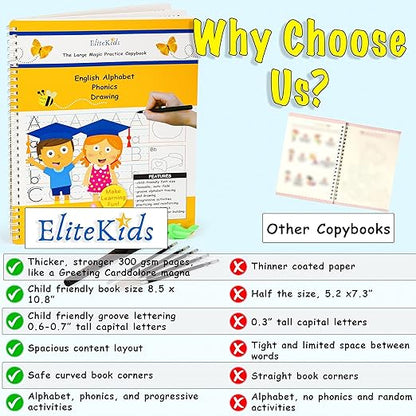 Teacher Designed Large Magic Practice Copybook for Kids. Groove Letter Tracing Alphabet Book, Phonics and Handwriting Book. Pre K and Kindergarten Workbook with Copy Book Magical Writing Pen.