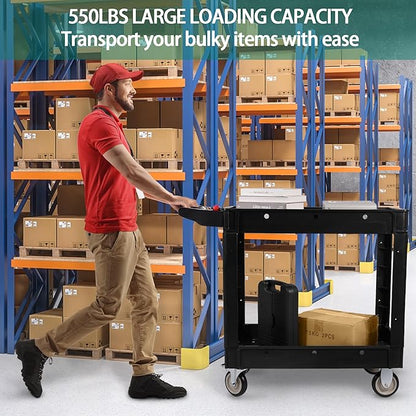 Elevon Service Utility Cart, 2-Shelf 550LBS Heavy Duty Plastic Rolling Tool Cart 2 Swivel Casters with Brakes, Ergonomic Storage Handle for Warehouse, Garage, Cleaning, Manufacturing - Black