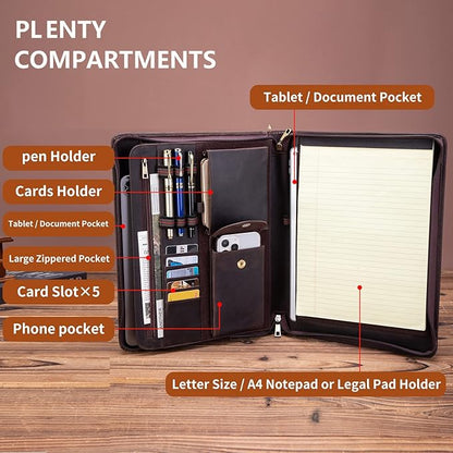 Handmade Crazy-Horse Leather Padfolio Portfolio, Easy to Carry with A Zippered Closure, Business Organizer Tablet Folio Folder with Letter Size Notepad, Gift for Women & Men (Dark Brown)