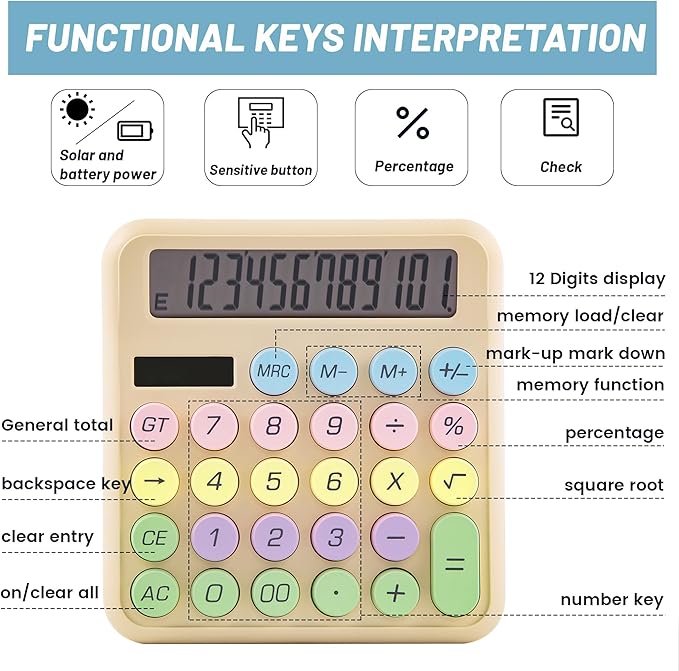 Golcellia Calculators Desktop, Beige Mechanical Calculator, Cute Calculator 12 Digit Desk Basic Calculator Large Display, Dual Power Solar Battery, Office Home School Supplies for Adults & Students