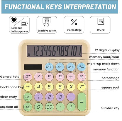 Golcellia Calculators Desktop, Beige Mechanical Calculator, Cute Calculator 12 Digit Desk Basic Calculator Large Display, Dual Power Solar Battery, Office Home School Supplies for Adults & Students
