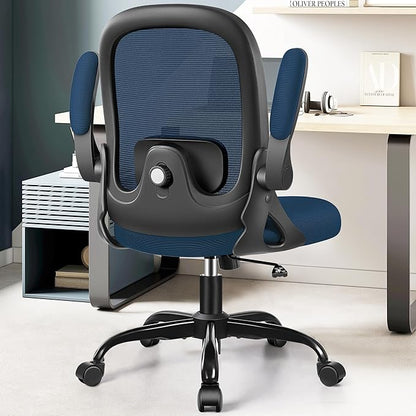 Office Chair Ergonomic Desk Chair with Adjustable 3D Lumbar Support and Height, Comfy Mesh Computer Chair with Flip-up Armrests, Swivel Rolling Task Chair with Wheels for Home Office (Navy)