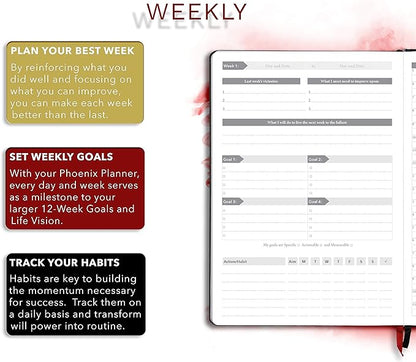 The Phoenix Planner - Best Daily Calendar and Agenda for Goal Setting, Boost Happiness and Productivity - Gratitude Journal, Habit Tracker, Quarterly Business Planner - 6 Months, Undated (Charcoal)
