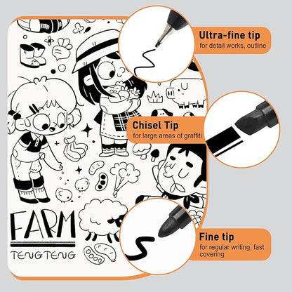 Permanent Markers 12 Black - Waterproof Quick Drying Pens Set 8 Fine Tip, 2 Ultra Fine, 2 Chisel Tip Office Home School Supplies for Adults Writing Doodling Marking